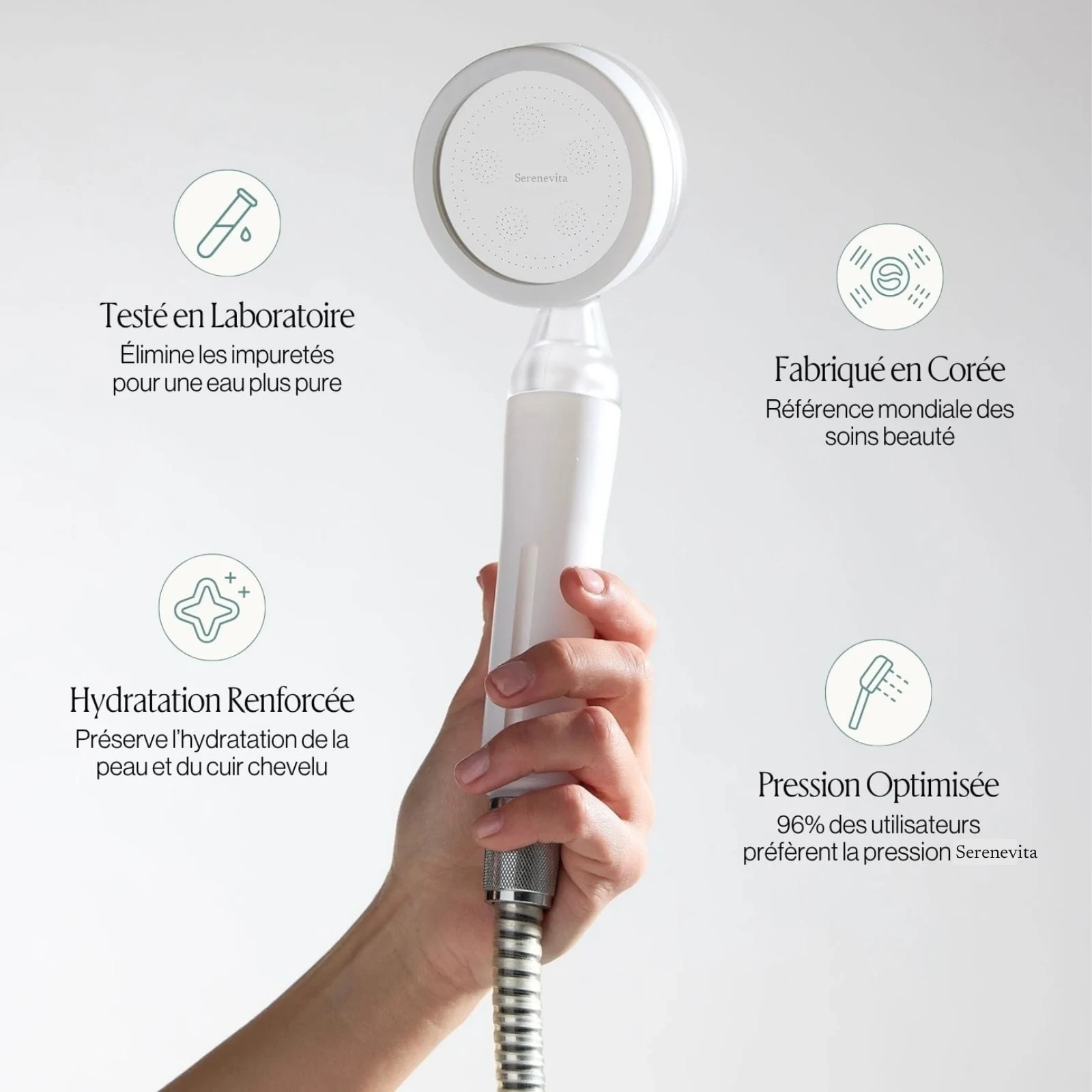 Pommeau de douche filtrant Serenevita, vue d'ensemble